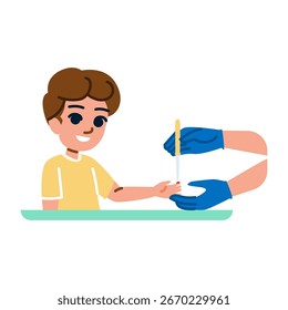 Arzt mit blauen Handschuhen mit Lanzette für Finger Prick-Test auf lächelndes Kind für Blutzuckerspiegel-Check, Diabetes-Untersuchung, Gesundheit und medizinisches Konzept