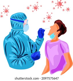 Doctor wearing blue PPE performing swab test on patient to detect coronavirus vector illustration 