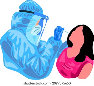 Doctor wearing blue PPE performing swab test on patient to detect coronavirus vector illustration 