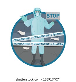 Doctor wearing blue protective suit to prevent Coronavirus on street background and quarantine tape. Concept of covid-19 quarantine.
