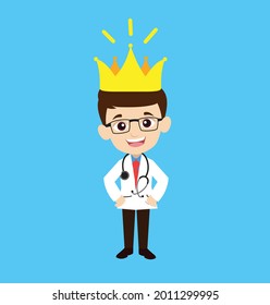 Doctor Wearing Crown Flat Vector Cartoon Illustration