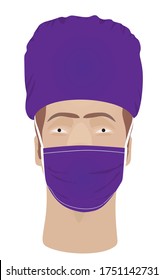 Doctor wearing face mask and hat. vector