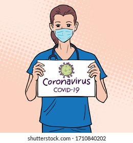 A doctor wearing a face mask and hold a board showing " Coronavirus COVID-19 ", illustration vector