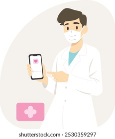 médico com máscara facial e com smartphone, utilização da tecnologia nos cuidados de saúde e na telemedicina, importância das soluções digitais de saúde para o acompanhamento e a gestão das condições de saúde,