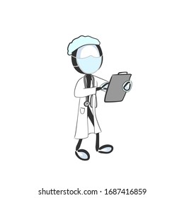 Doctor wearing face mask. Virus protection medical facamask. Doctor or nurse in hospital. Health treatment. Hand drawn. Stickman cartoon. Doodle sketch, Vector graphic illustration
