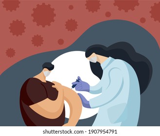 Doctor wearing face protective medical mask with syringe doing vaccine intramuscular injection for coronavirus covid-19 immunization illustration flat design vector