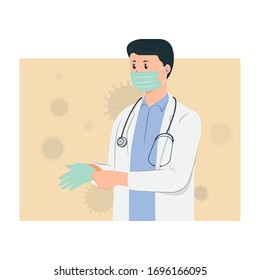 Doctor wearing gloves and medical mask. fight corona virus background concept vector illustration