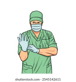 Médico usando luva de mão vetor ilustração isolado no fundo branco.