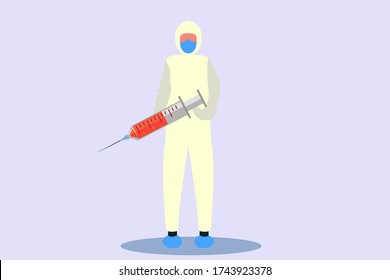 Doctor wearing hazmat holding injection concept. Vaccine vector illustration. Flat design