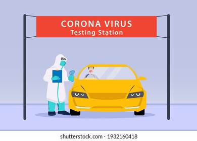 Doctor wearing hazmat suit and checking a driver temperature in the car to check corona virus symptom