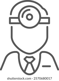 Doctor wearing a headlamp and tie, representing medical examination and healthcare, minimalist line icon design suitable for various applications