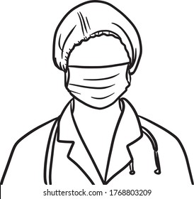 a doctor wearing mask and hair cap illustration line art character