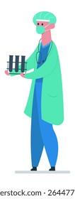 Médico usando uma máscara e rede de cabelo, segurando um rack cheio de tubos de teste, exemplificando um profissional de saúde envolvido em pesquisa médica e análise científica