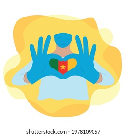 Doctor wearing a mask and with his hands forms a heart with the country Cameroon. Illustration on isolated background. EPS10 vector.
