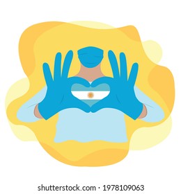 Doctor wearing a mask and with his hands forms a heart with the country Argentina. Illustration on isolated background. EPS10 vector.