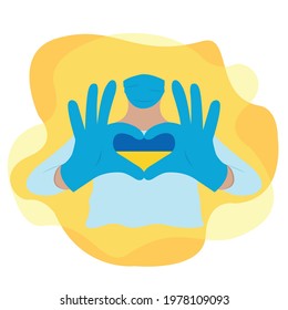 Doctor wearing a mask and with his hands forms a heart with the country Ukraine. Illustration on isolated background. EPS10 vector.