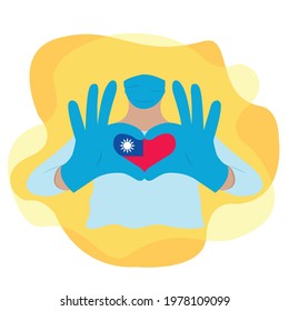 Doctor wearing a mask and with his hands forms a heart with the country Taiwan. Illustration on isolated background. EPS10 vector.