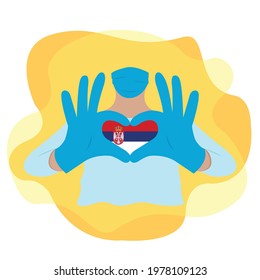 Doctor wearing a mask and with his hands forms a heart with the country Serbia. Illustration on isolated background. EPS10 vector.