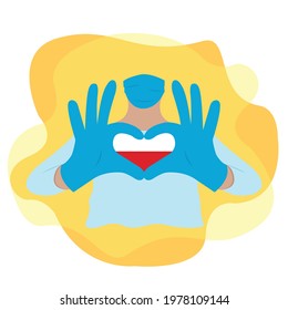 Doctor wearing a mask and with his hands forms a heart with the country Poland. Illustration on isolated background. EPS10 vector.