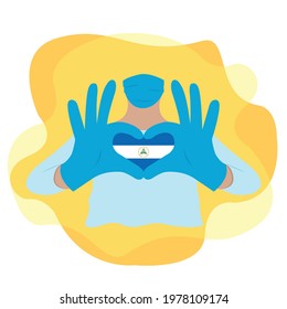 Doctor wearing a mask and with his hands forms a heart with the country Nicaragua. Illustration on isolated background. EPS10 vector.