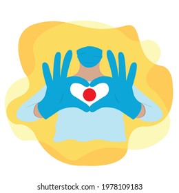 Doctor wearing a mask and with his hands forms a heart with the country Japan. Illustration on isolated background. EPS10 vector.