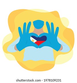 Doctor wearing a mask and with his hands forms a heart with the country Philippines. Illustration on isolated background. EPS10 vector.