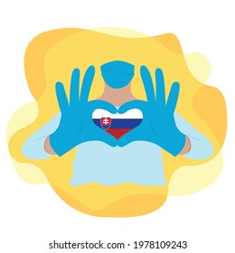 Doctor wearing a mask and with his hands forms a heart with the country Slovakia. Illustration on isolated background. EPS10 vector.