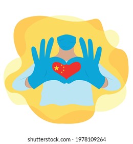 Doctor wearing a mask and with his hands forms a heart with the country China. Illustration on isolated background. EPS10 vector.