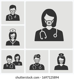 Doctor wearing a mask icons set. Vector illustration for web sites and mobile application.