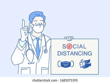 El doctor está usando una máscara apuntando hacia arriba y sosteniendo banner en blanco, concepto de control de infecciones. Estilo de línea delgada dibujado a mano, ilustraciones vectoriales.