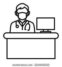 Doctor wearing a mask and stethoscope, sitting behind the desk with lcd monitor logo symbol vector design illustration icon.