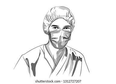 Doctor wearing a mask Vector sketch. Storyboard character detailed illustration