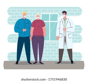 doctor wearing medical mask against coronavirus covid 19, with old couple patients vector illustration design