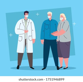 Doctor Wearing Medical Mask Against Coronavirus Covid 19, With Old Couple Patients Vector Illustration Design