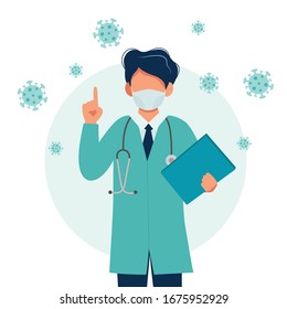 Doctor wearing a medical mask. Coronavirus  outbreak concept. Vector illustration in flat style