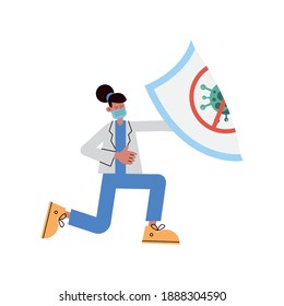 doctor wearing medical mask lifting shield vector illustration design