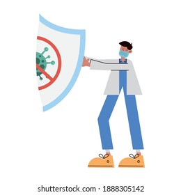 doctor wearing medical mask lifting shield vector illustration design