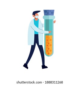 doctor wearing medical mask lifting tube test character vector illustration design
