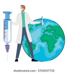 doctor wearing medical mask lifting syringe vaccine in earth planet vector illustration design
