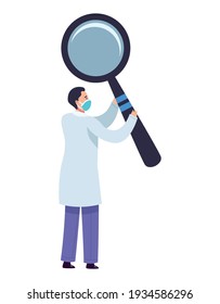 doctor wearing medical mask with magnifying glass