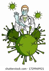 Doctor Wearing Medical Mask and Puts on Gloves and coronavirus bodies as a  Medical Concept coronavirus COVID-19 control Vector Illustration.