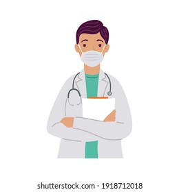 doctor wearing medical mask with stethoscope character vector illustration design