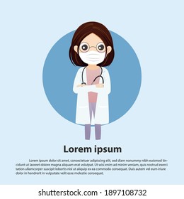 Doctor wearing medical mask. Young practitioner doctor in hospital. Consultation and diagnosis. Vector, illustration, Eps, Flat style.