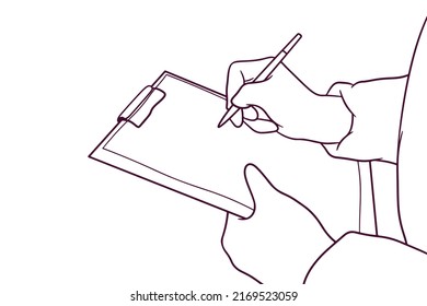 doctor wearing personal protective equipment writes a note. hand drawn style vector illustration