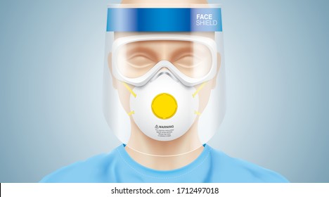 Doctor wearing a plastic face shield, goggle and N95 surgical mask. White medical worker with a virus protection professional equipment on his face. Corona virus, safety measures vector illustration. 