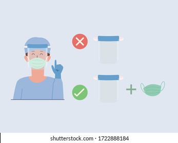 Doctor wearing a plastic face shield pair with surgical mask introduction correct and wrong way for using face shield. Wearing equipment to protect Coronavirus infection.