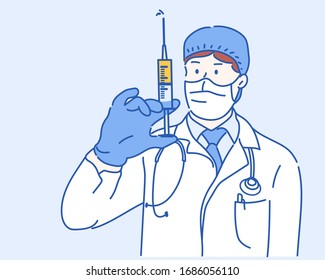 Doctor wearing a protection mask and holding a syringe with vaccine. Virus protection concept idea. Hand drawn in thin line style, vector illustrations.