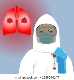 Doctor wearing protective equipment against coronavirus and holding a test tube with the label Covid19 on it