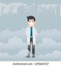 Doctor wearing protective face masks Character Medical Health care concept, factory pipes emitting smoke on background. Fine dust, PM 2.5, air pollution, industrial smog, pollutant gas emission.