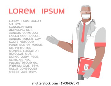 Un médico con una máscara protectora y guantes señala las recetas y recomendaciones médicas. Concepto sobre el tema de la medicina, la atención de la salud. Ilustración del vector